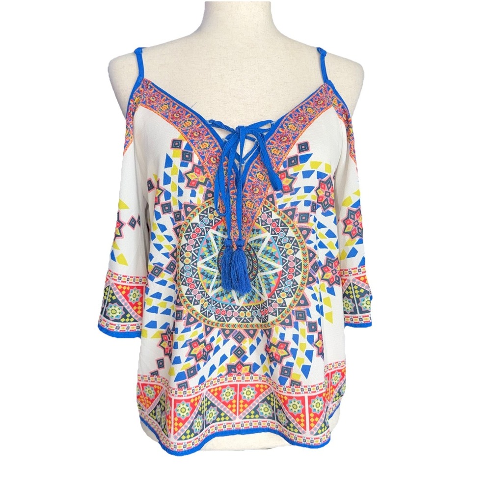 Flying Tomato Cold Shoulder Boho Top‎ Blouse Sz Medium Aztec Festival Medallion